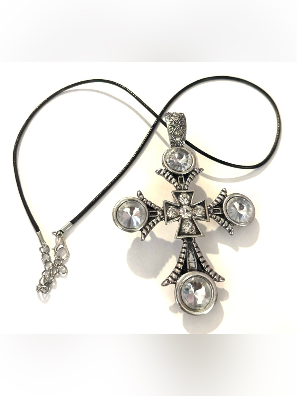 Vintage unisex Silver Cross Necklace with Clear Crystals